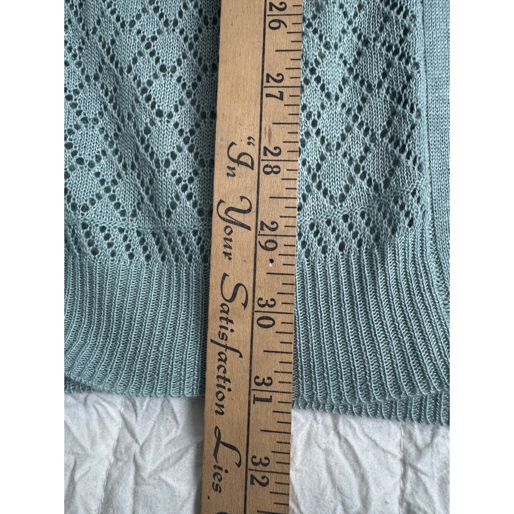 Coastal Grandmother Vintage Sage Green Boho Pointelle Knit Hooded Cardigan Small - Picture 4 of 7